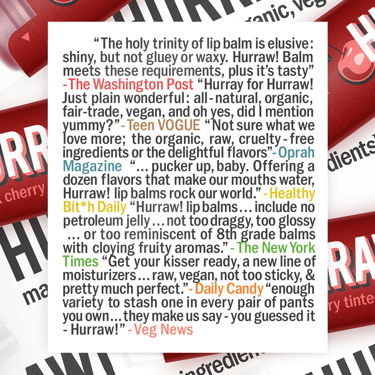 Hurraw! three-pack display for convenient on-the-go lip care.