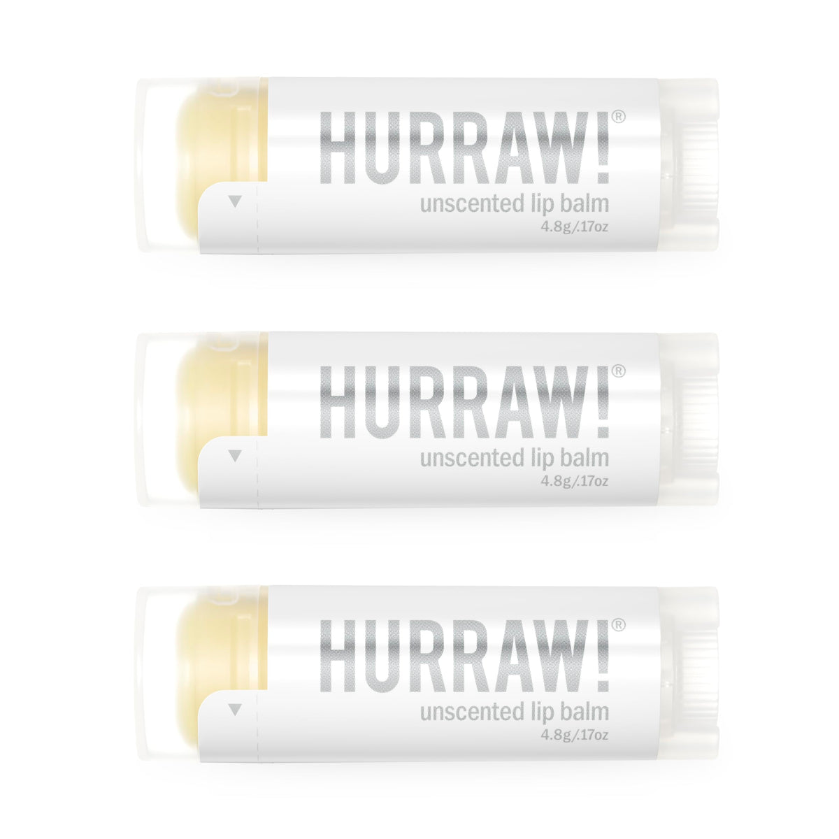 Hurraw! unscented lip balm 3-pack packaging box for on-the-go hydration.
