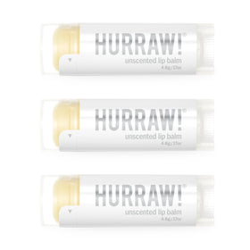 Hurraw! unscented lip balm 3-pack packaging box for on-the-go hydration.