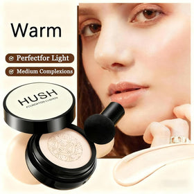 Hush Makeup Foundation lightweight full-coverage formula builds naturally for a soft, crease-free finish.