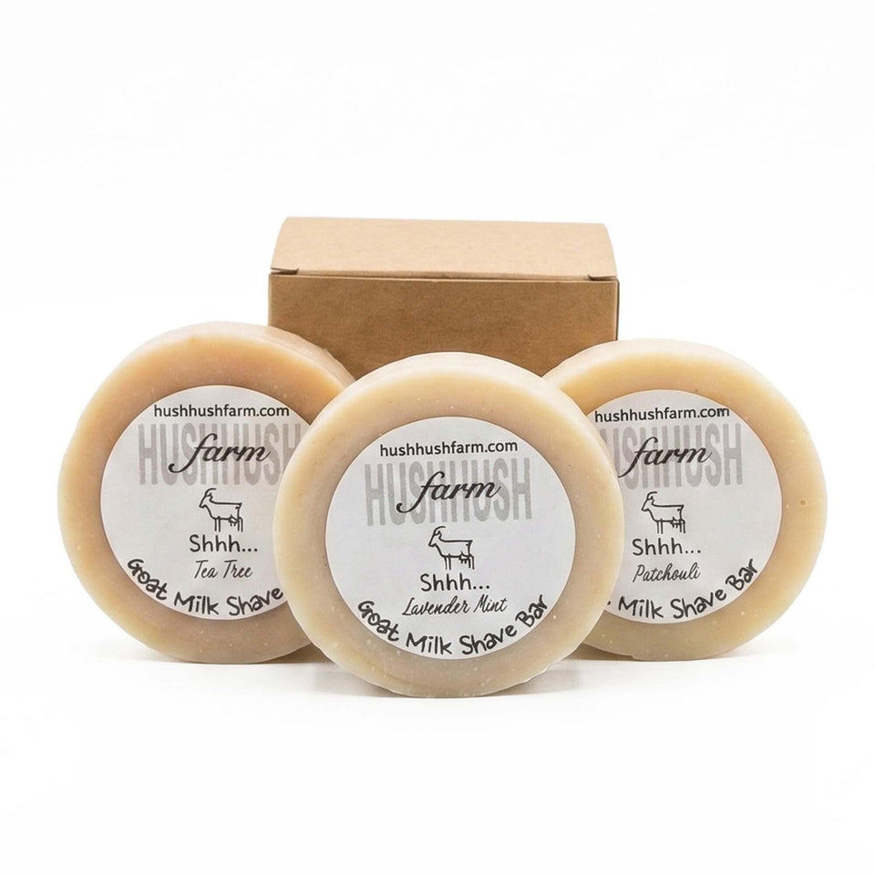 HushHush Farm shaving soap trio with goat milk for a smooth, moisturizing shave.