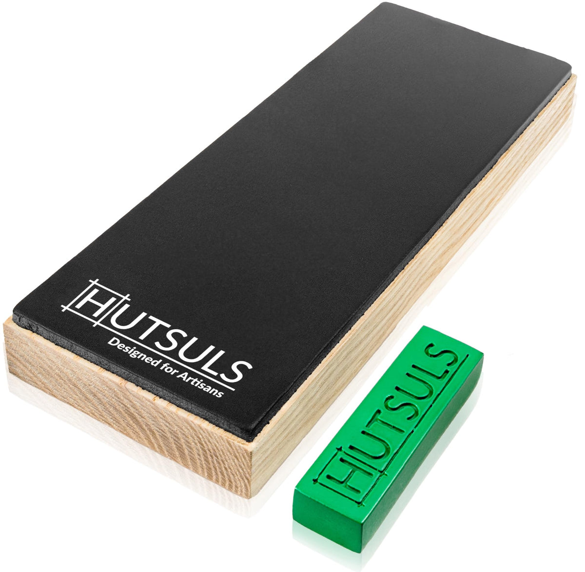 Hutsuls leather strop block with compound for consistent edge honing on kitchen and workshop blades.