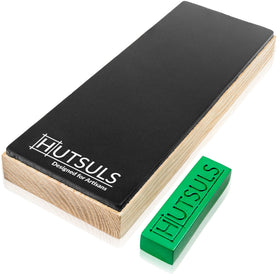 Hutsuls leather strop block with compound for consistent edge honing on kitchen and workshop blades.