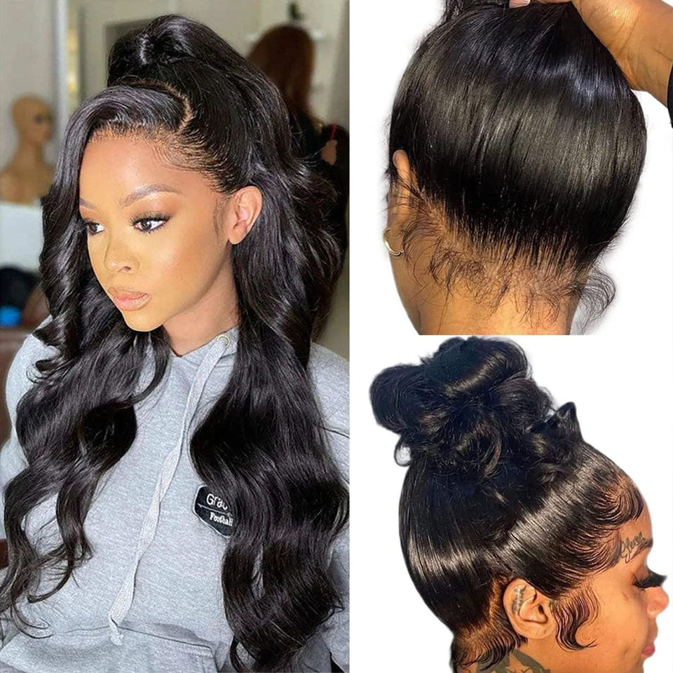 HUWOKS 360 body wave lace front wig front view with natural hairline for a seamless look