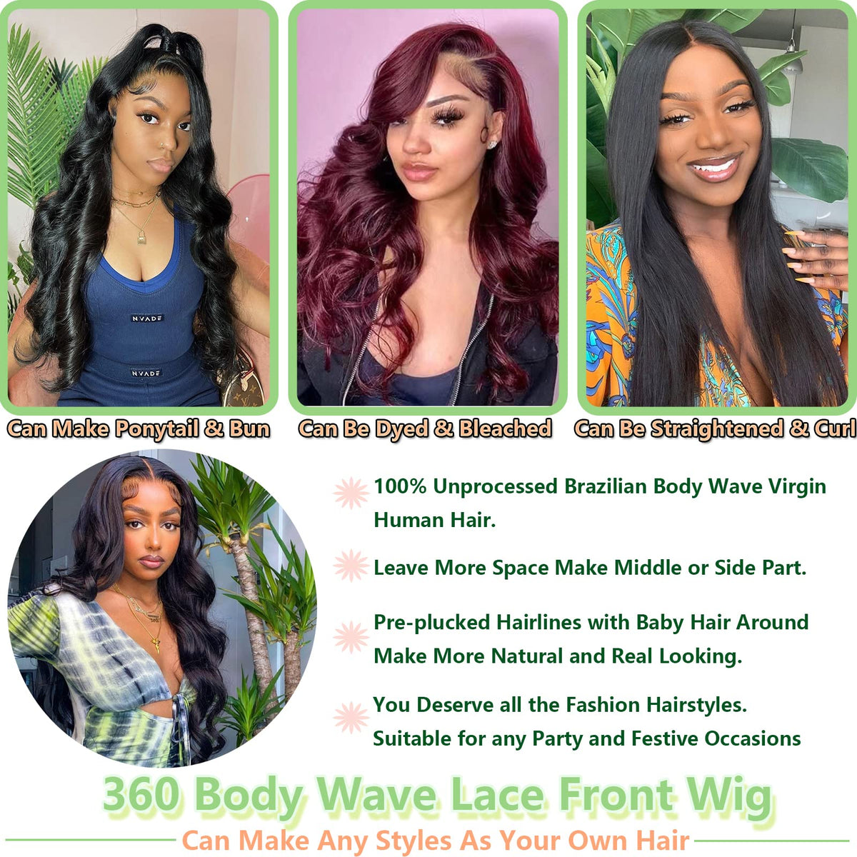 HUWOKS 360 body wave lace front wig side part styling versatility