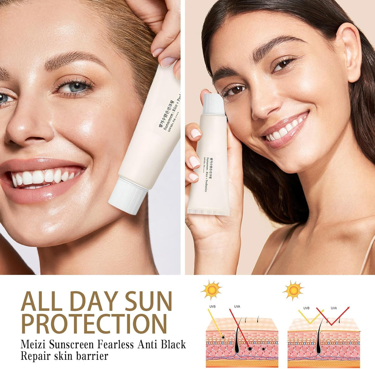 Huxihom Relief Sun SPF50 application swatch displays light texture for sensitive skin