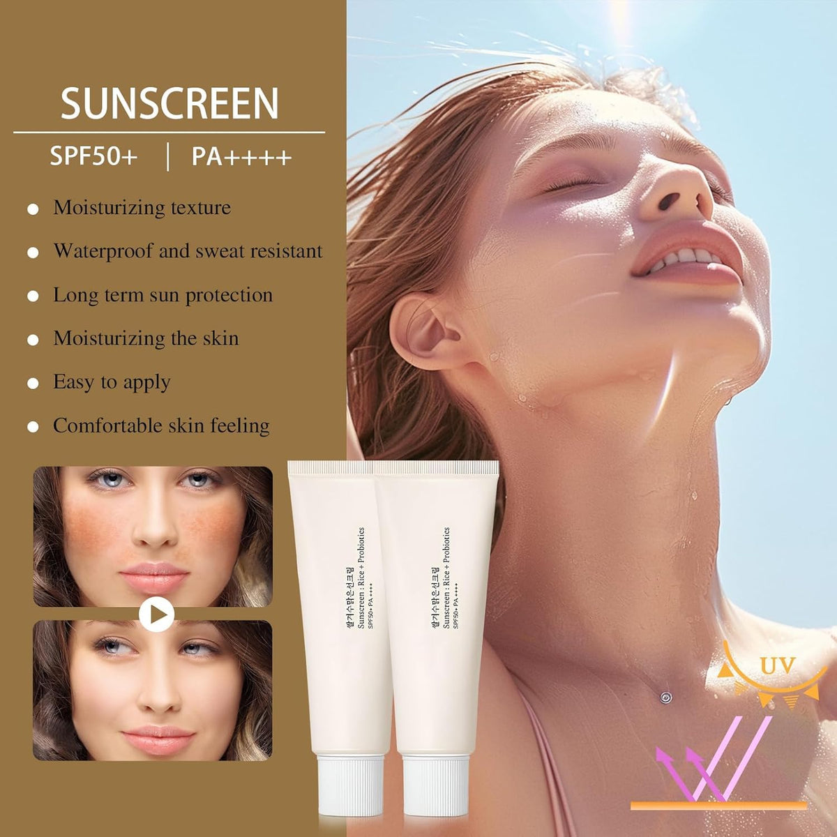 Huxihom Relief Sun SPF50 bottle closeup shows a nourishing daily formula