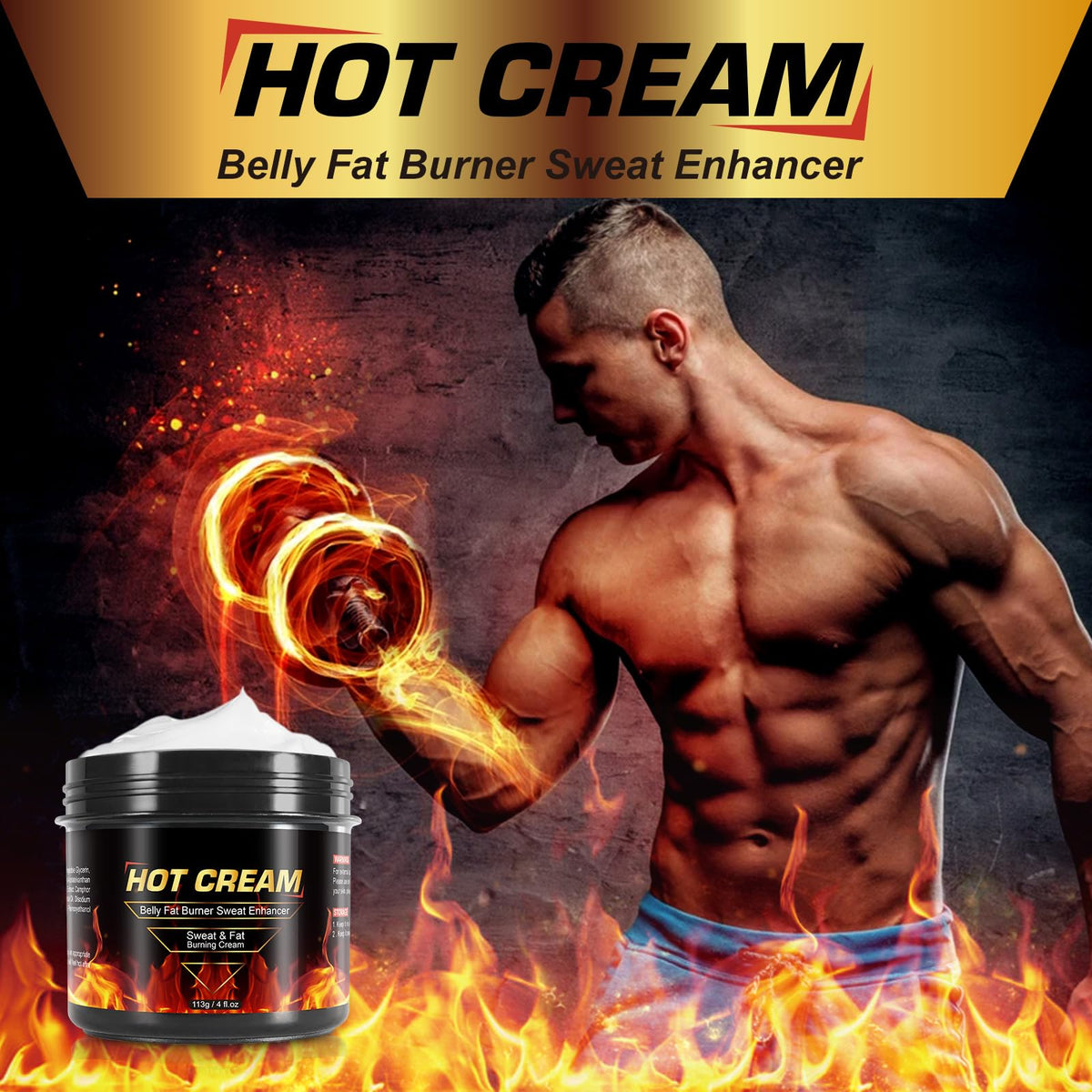 HUYEHF Sweat Cream shown beside gym bottle for easy, on-the-go use.