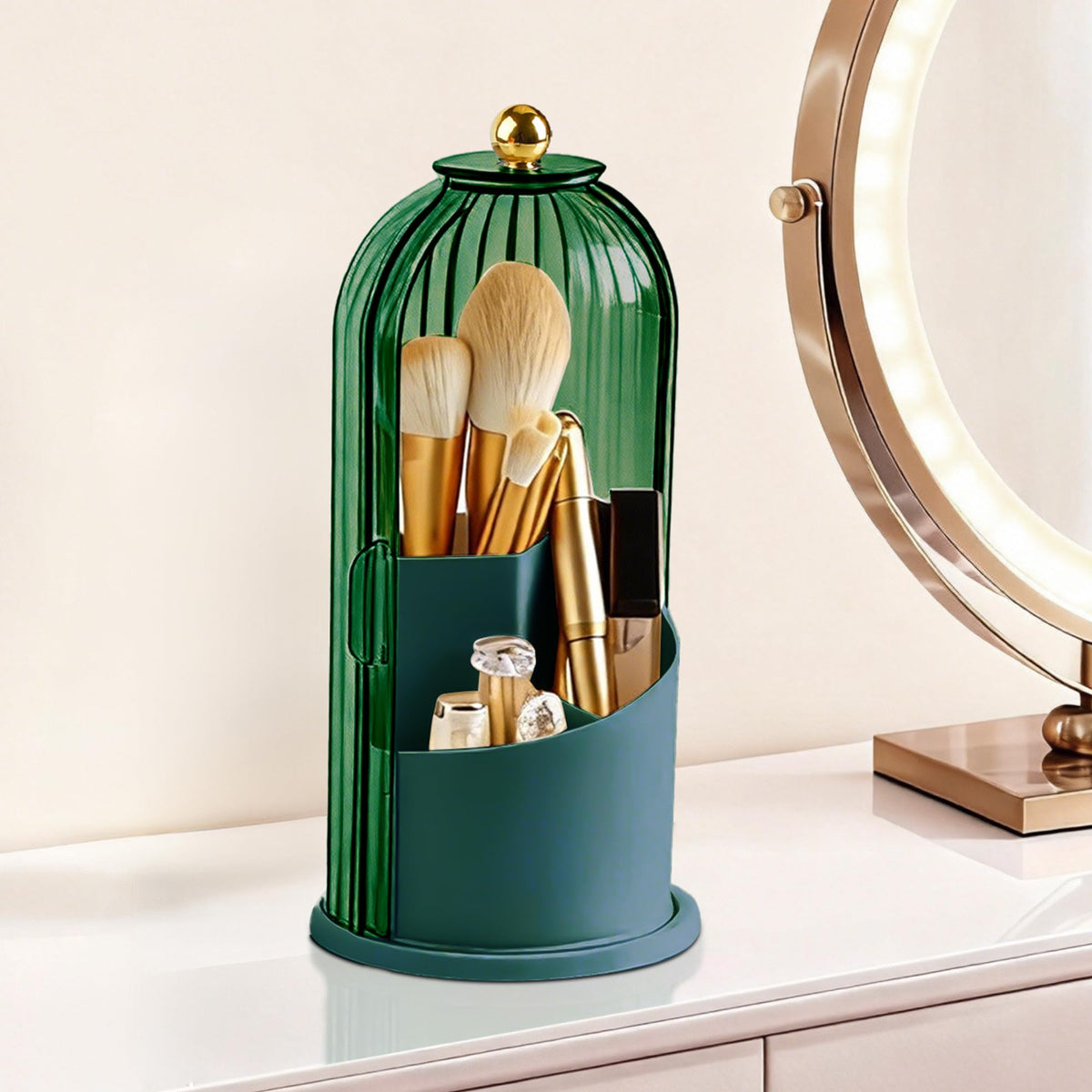 Hvygss 360° rotating makeup brush holder viewed from above showing compartments