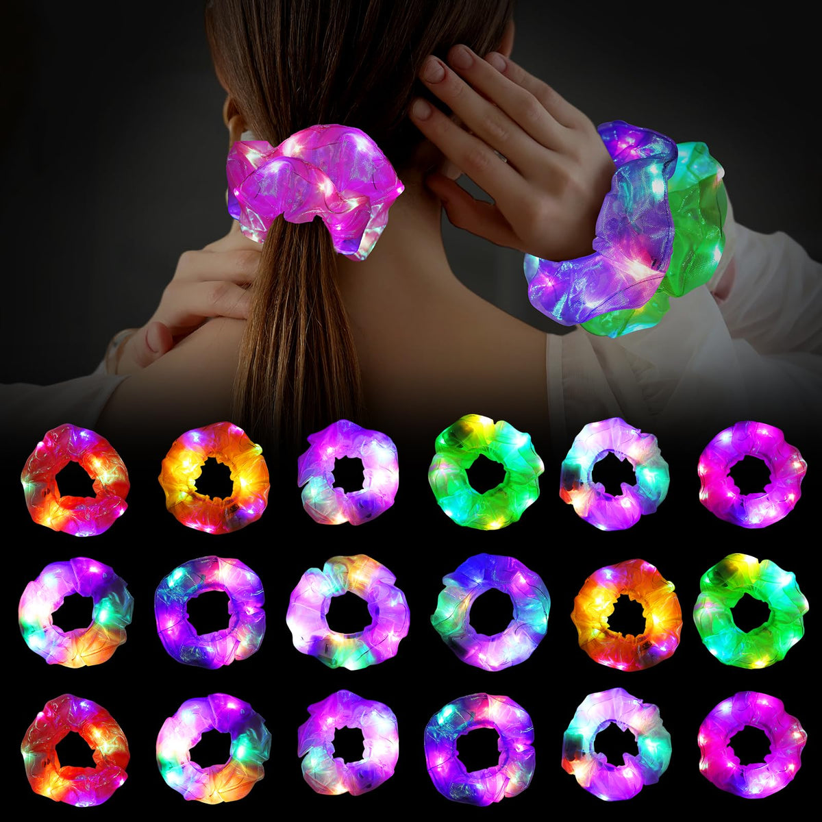 Hwahong 18-piece glow scrunchies glow in the dark for night styling.