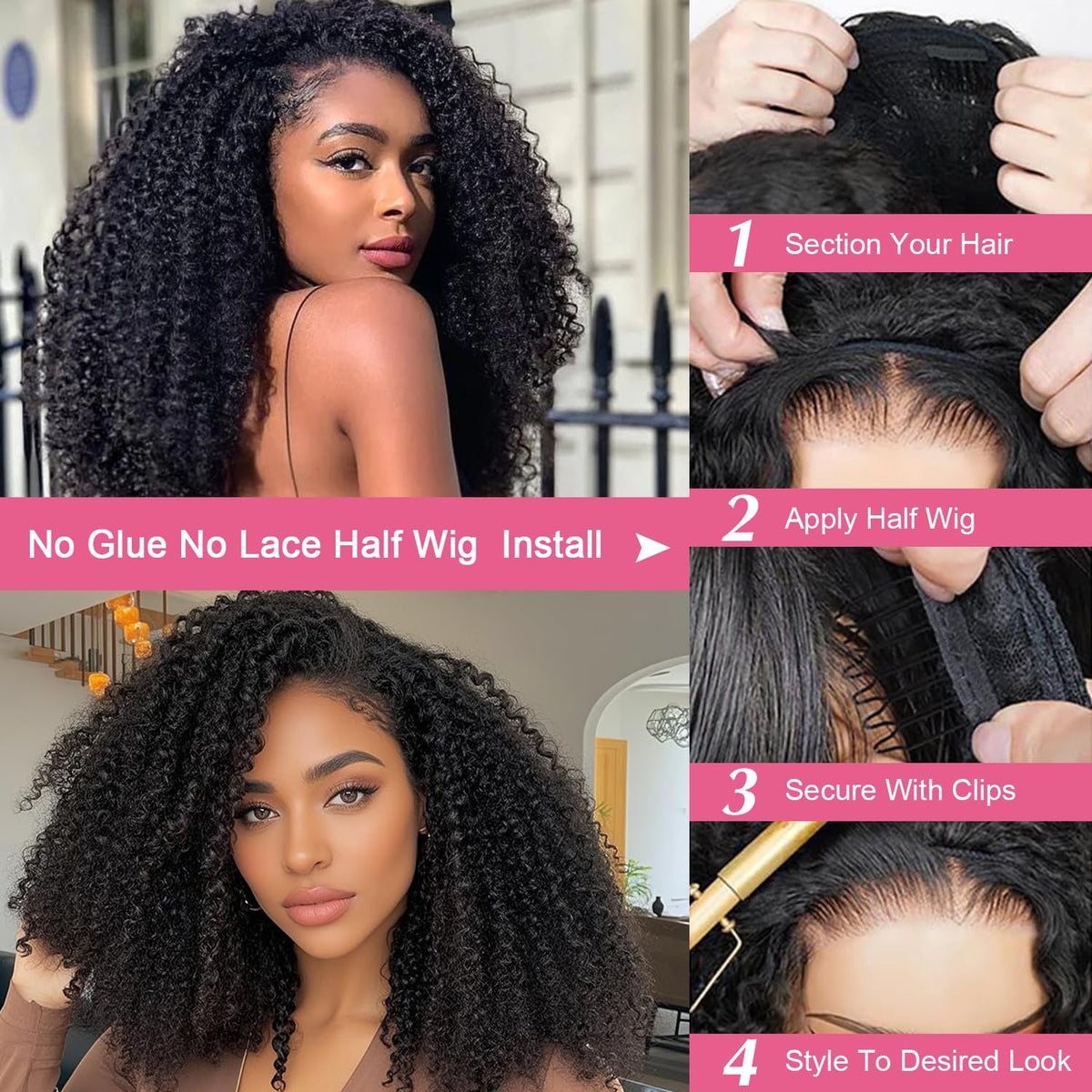 HWOWig half wig kinky curly back view demonstrates balanced 200% density