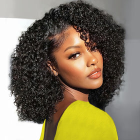HWOWig half wig kinky curly front view shows natural blend for daily wear