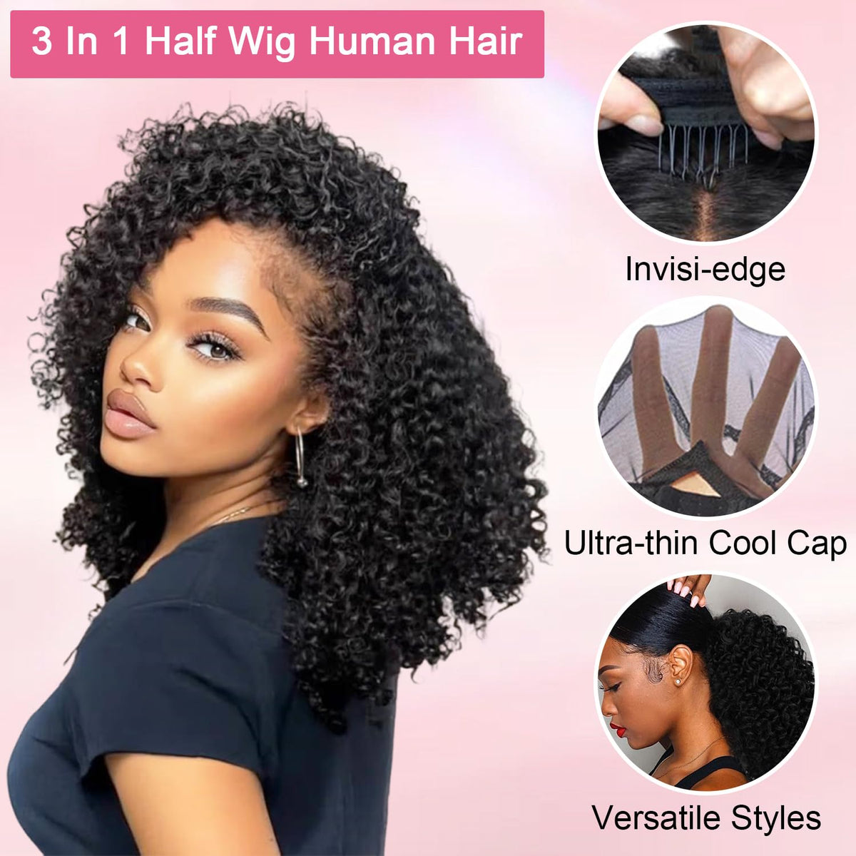 HWOWig half wig kinky curly side view highlights seamless integration with real hair