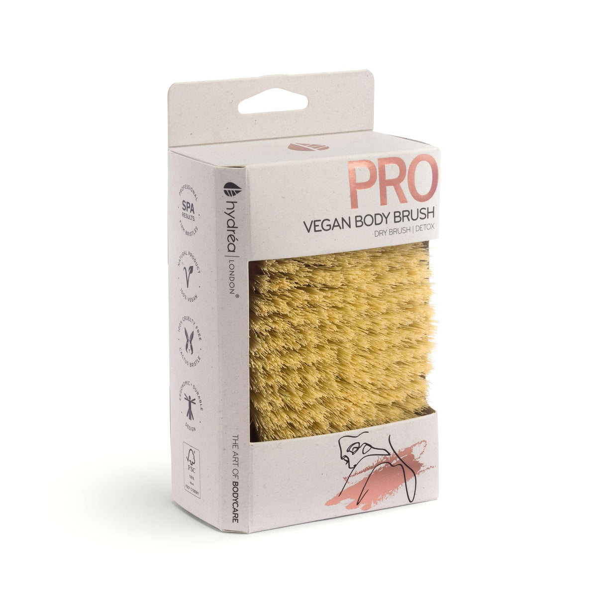 Hydrea London curve-bristle design guides the brush along contours for gentle exfoliation.