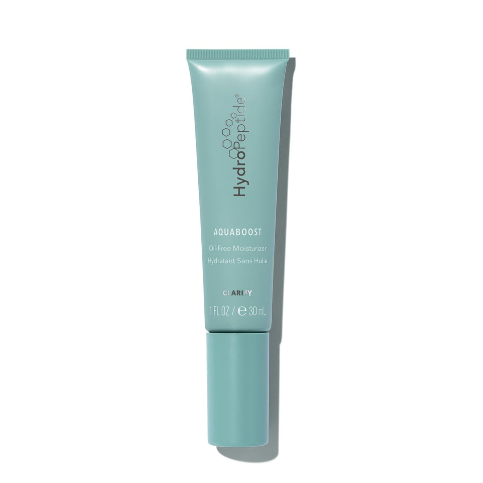 HydroPeptide AquaBoost oil-free bottle highlighting lightweight hydration for clear skin.