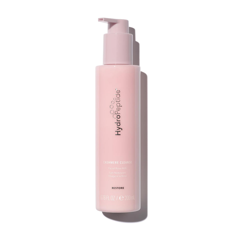 HydroPeptide Cashmere Cleanse bottle showing rose-milk formula for gentle hydration.
