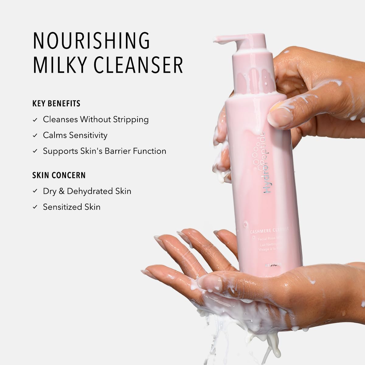 HydroPeptide Cashmere Cleanse pump releases creamy non-foaming Rose Milk cleanser.