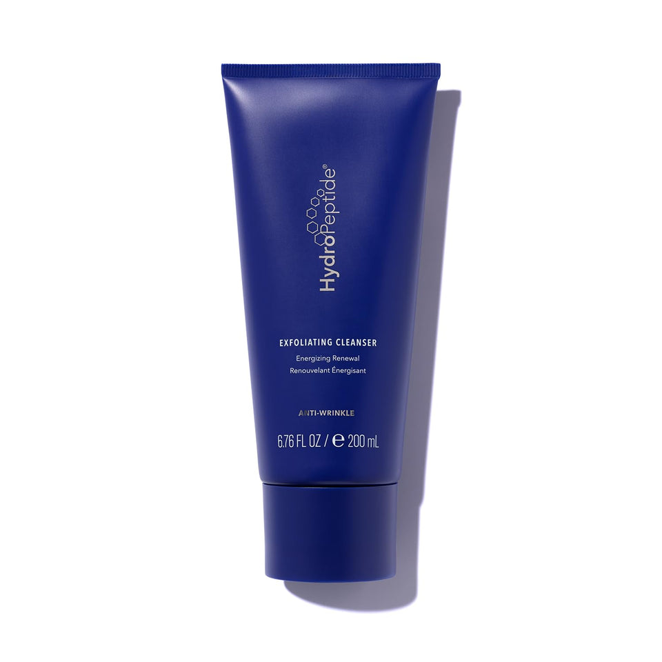 HydroPeptide Exfoliating Cleanser bottle pour shows rich lather for gentle renewal.