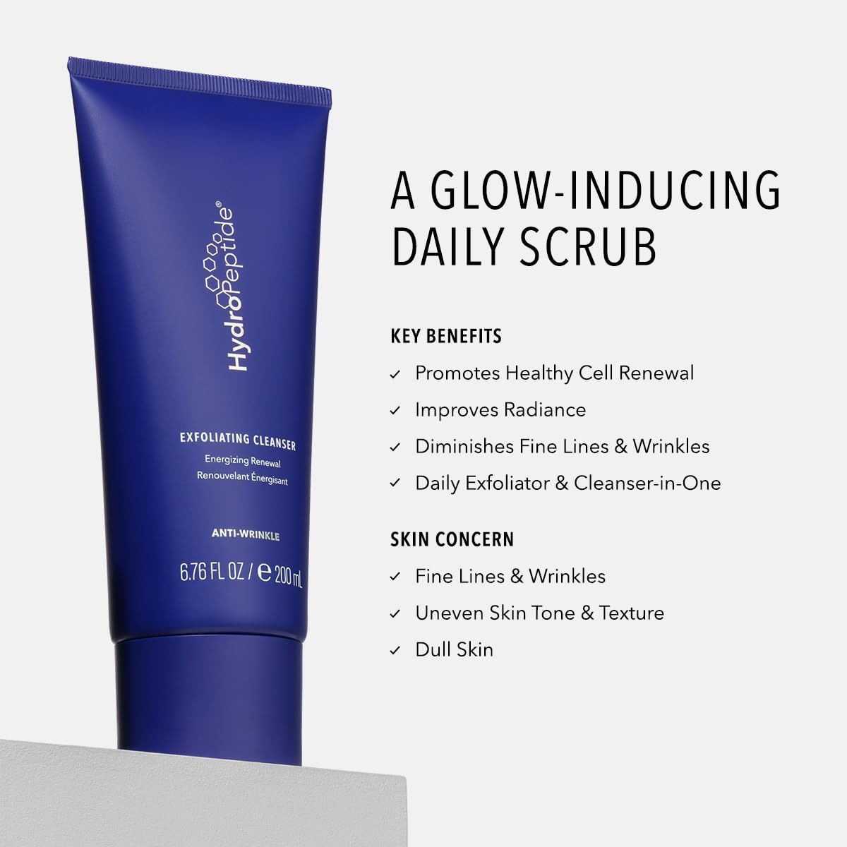 HydroPeptide Exfoliating Cleanser label closeup highlights peptide science powering renewal.
