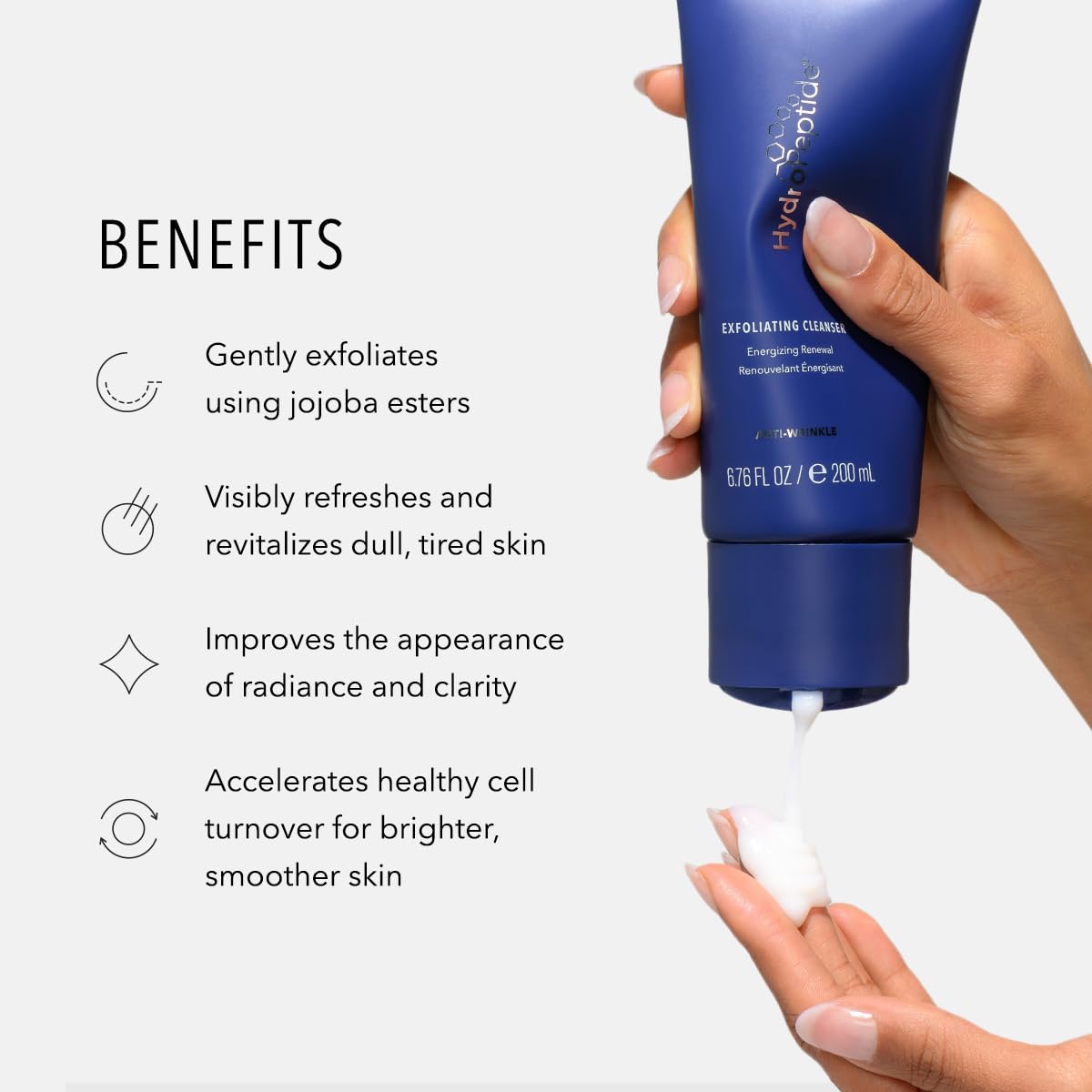 HydroPeptide Exfoliating Cleanser lather application demonstrates exfoliation without stripping moisture.