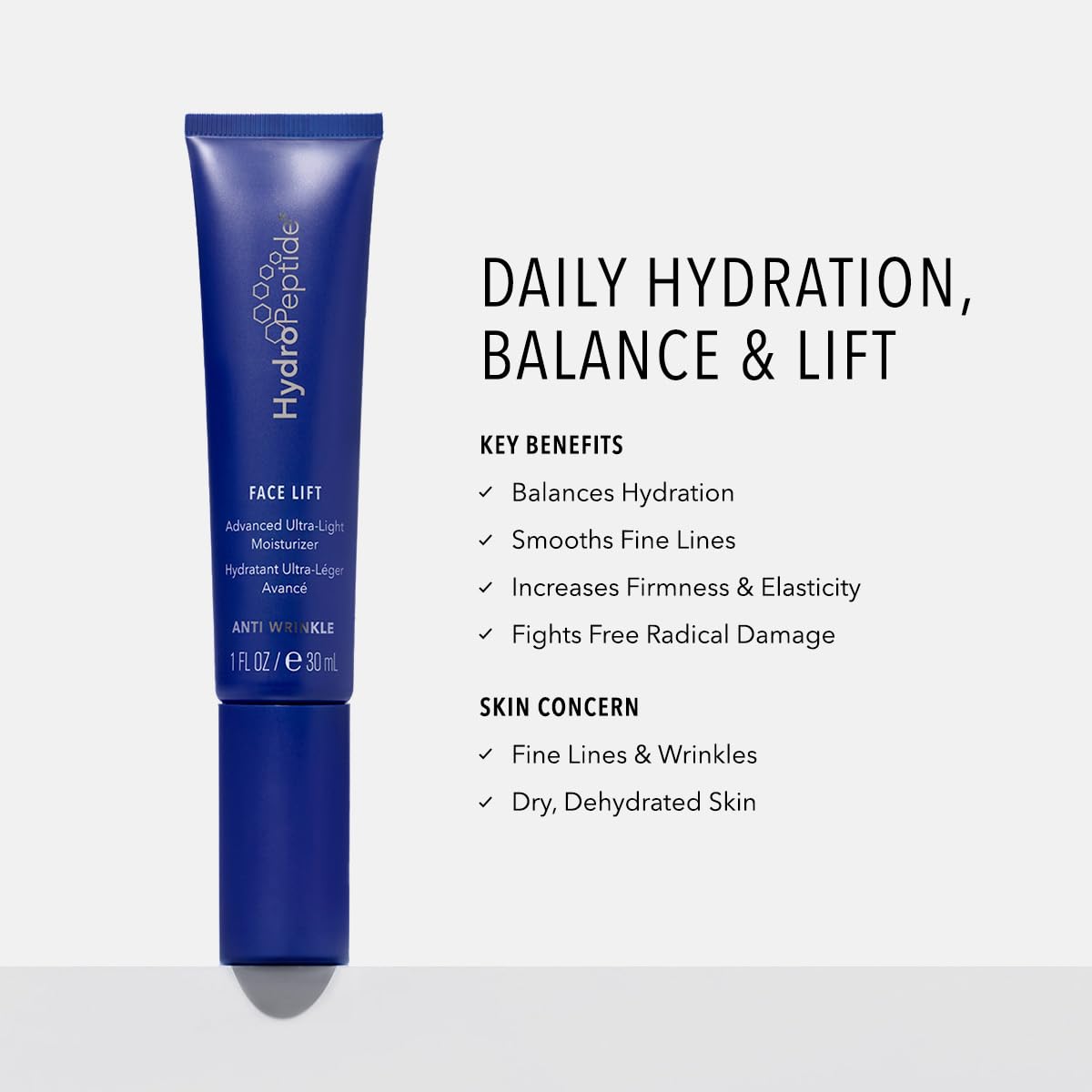 HydroPeptide Face Lift cream texture close-up showing fast absorption and smoothness.