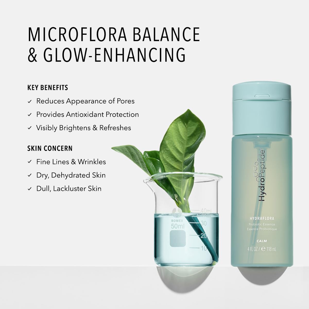 HydroPeptide HydraFlora toner bottle close-up shows probiotic complex supporting healthy skin flora