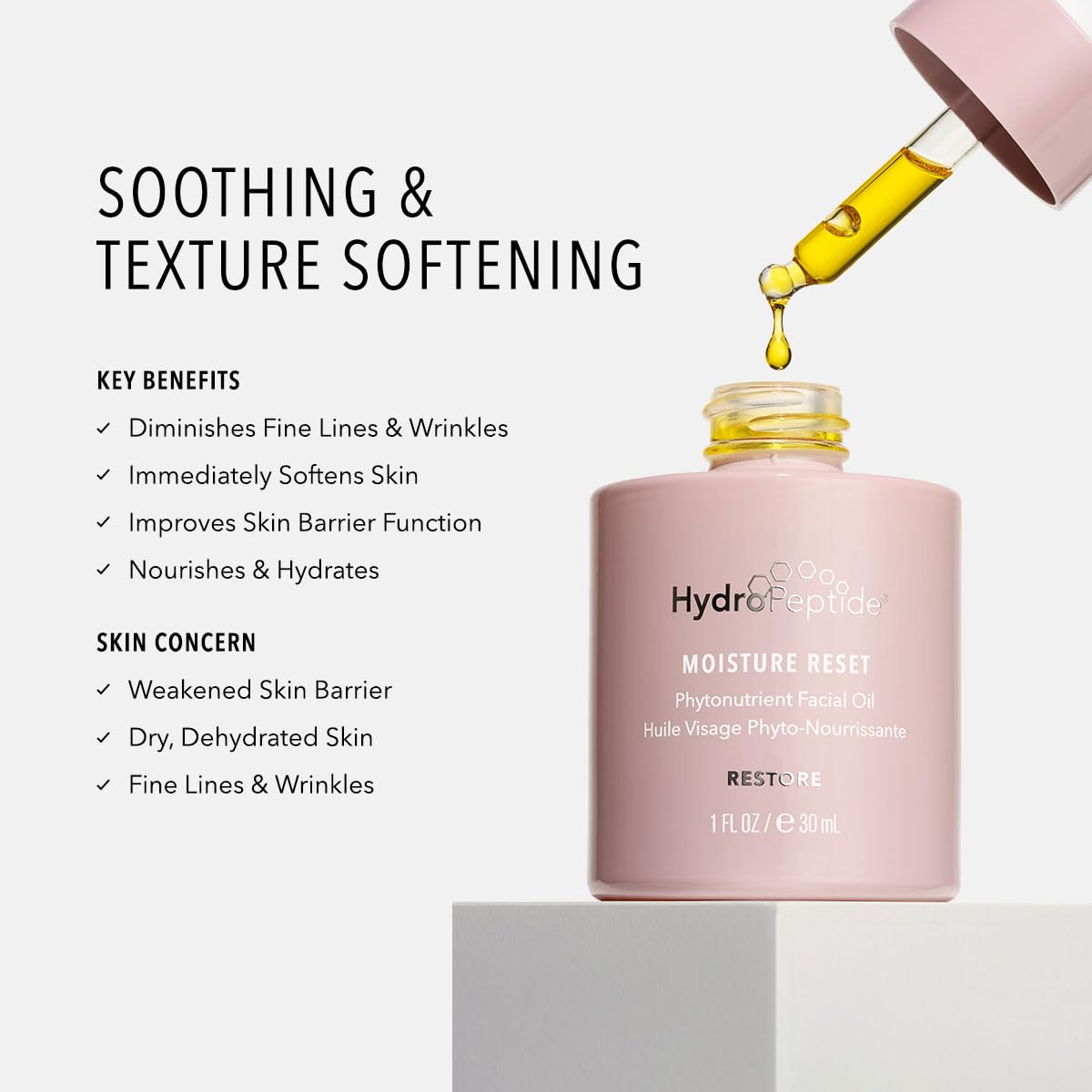 HydroPeptide Moisture Reset ingredients close-up highlighting antioxidant oils for nourishment.