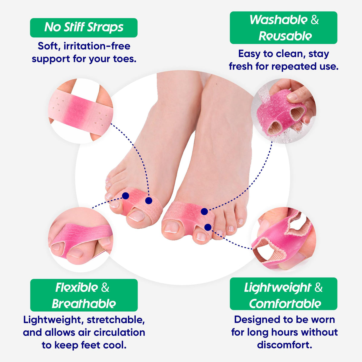 Hyggear Bunion Corrector pink adjustable loops fit a range of sizes.