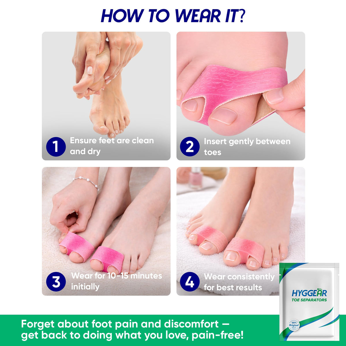 Hyggear Bunion Corrector pink in use during daily activities.