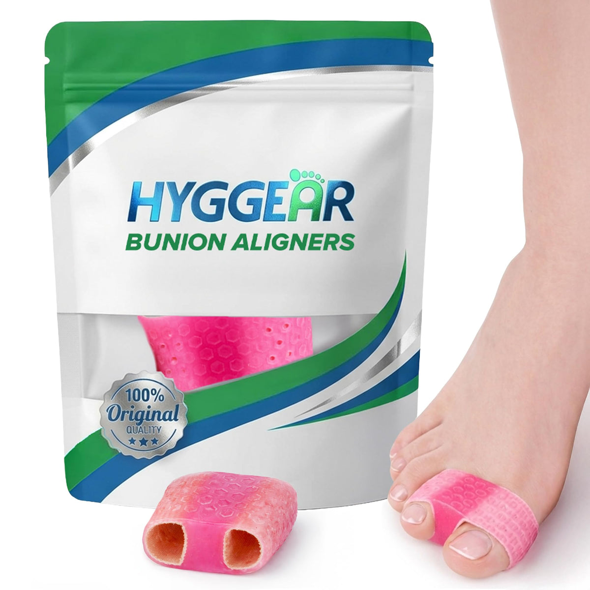 Hyggear Bunion Corrector pink closeup shows silicone pad between toes reducing friction.