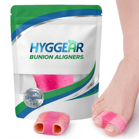 Hyggear Bunion Corrector pink closeup shows silicone pad between toes reducing friction.