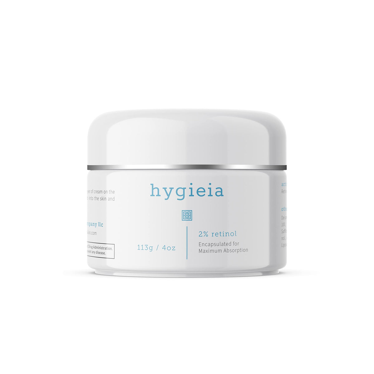 Hygieia+ encapsulated 2% retinol cream front jar showing product and label for smooth skin texture
