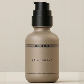 HygieneLab After Shave bottle close-up showing a gentle unscented post-shave option
