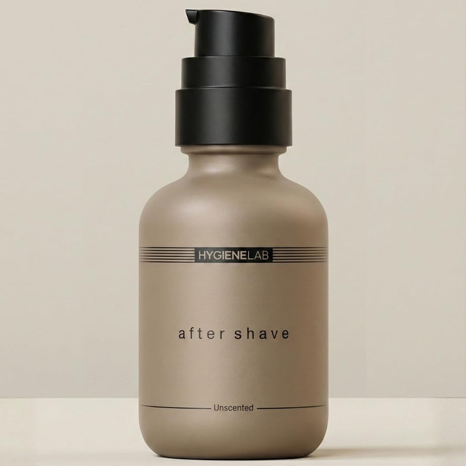 HygieneLab After Shave bottle close-up showing a gentle unscented post-shave option