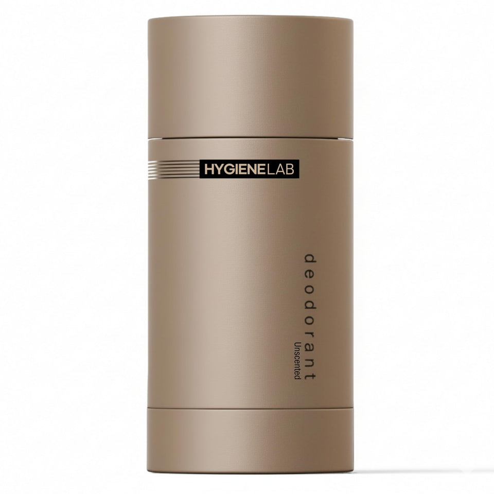 HygieneLab fragrance-free deodorant bottle demonstrates fragrance-free protection for sensitive skin.