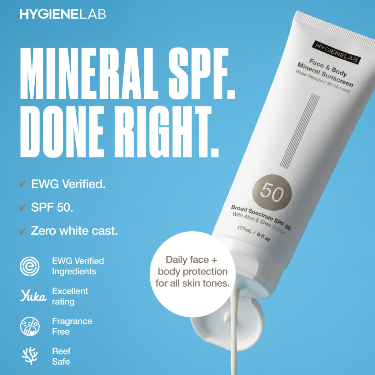 HygieneLab mineral sunscreen with Aloe Vera and Shea Butter for hydration.