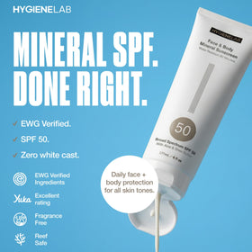 HygieneLab mineral sunscreen with Aloe Vera and Shea Butter for hydration.