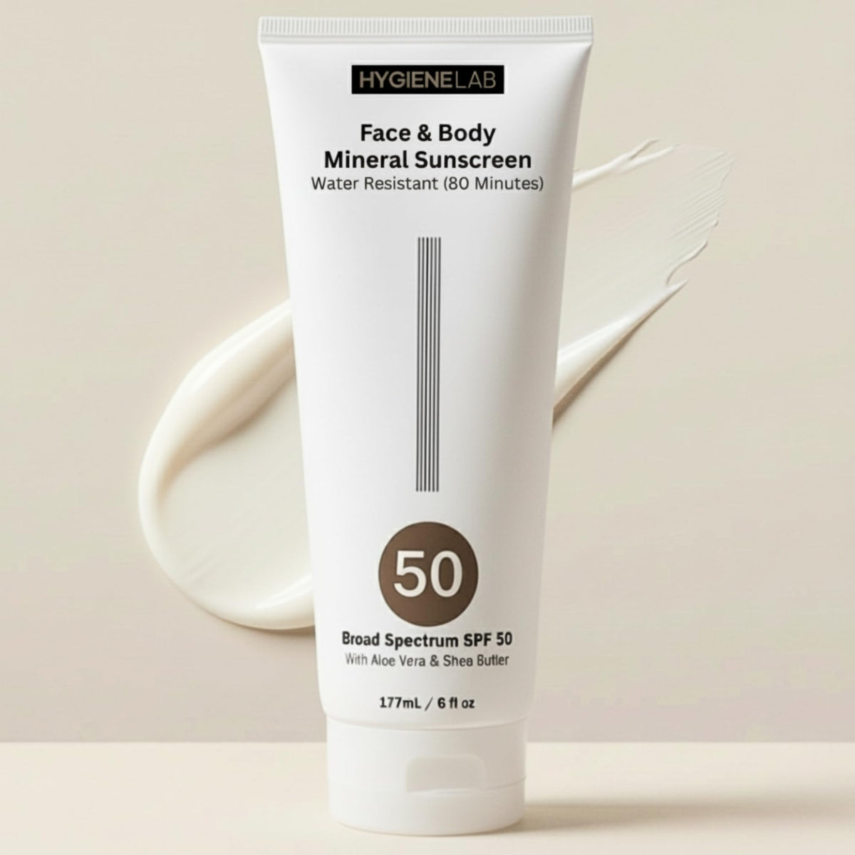 HygieneLab mineral sunscreen SPF 50 bottle with sheer finish for all skin tones.