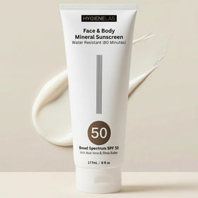 HygieneLab mineral sunscreen SPF 50 bottle with sheer finish for all skin tones.