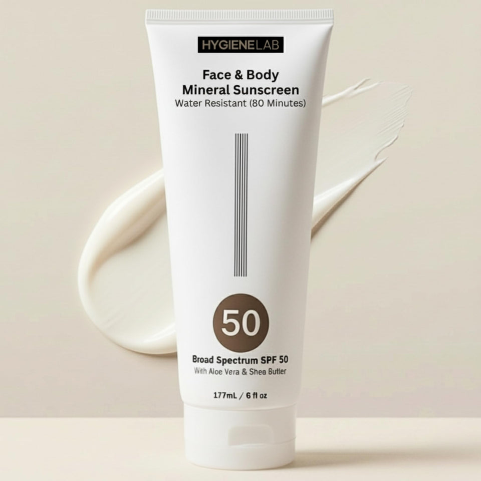 HygieneLab mineral sunscreen SPF 50 bottle with sheer finish for all skin tones.