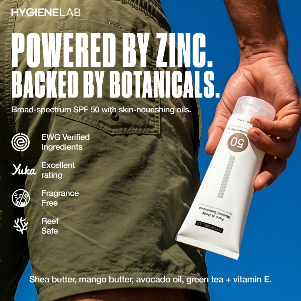 HygieneLab mineral sunscreen SPF 50 being applied for a non-greasy, sheer finish.