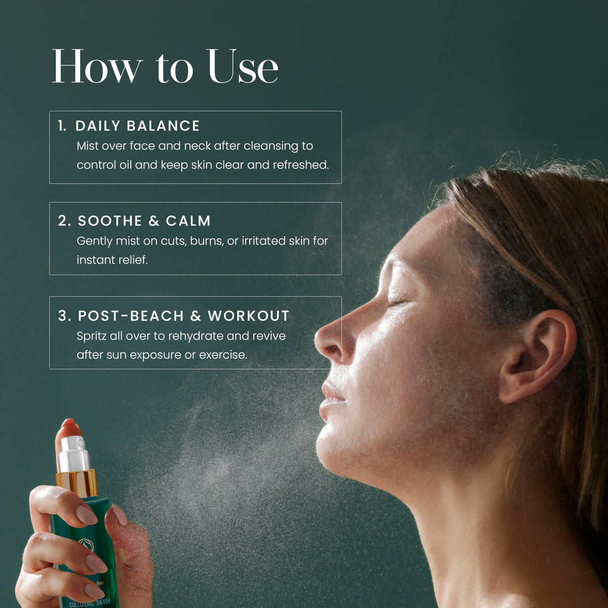 Close-up of mist dispensing from the Hylunia toner spray nozzle.