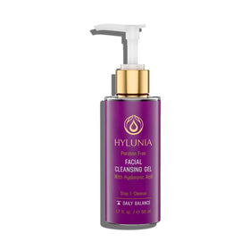 Hylunia facial cleansing gel bottle front view for daily cleansing and makeup removal.