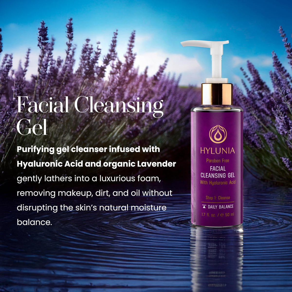Hylunia lavender-infused formula for calming cleansing with plant extracts.