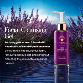 Hylunia lavender-infused formula for calming cleansing with plant extracts.