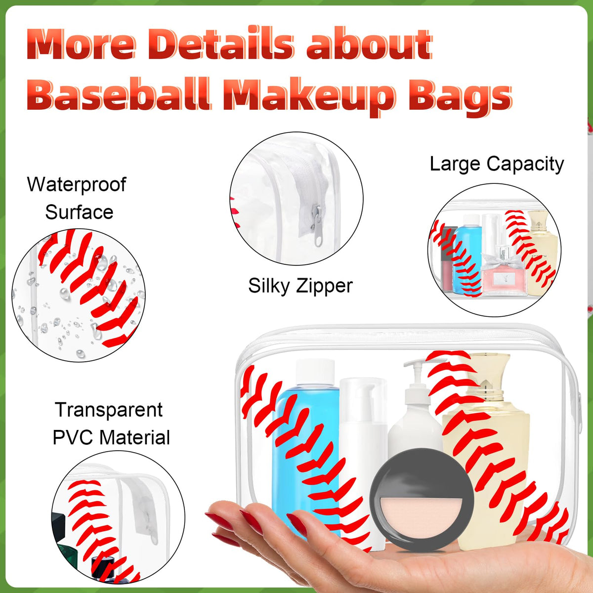 HYMENEX baseball makeup bag open-top displaying organized interior.