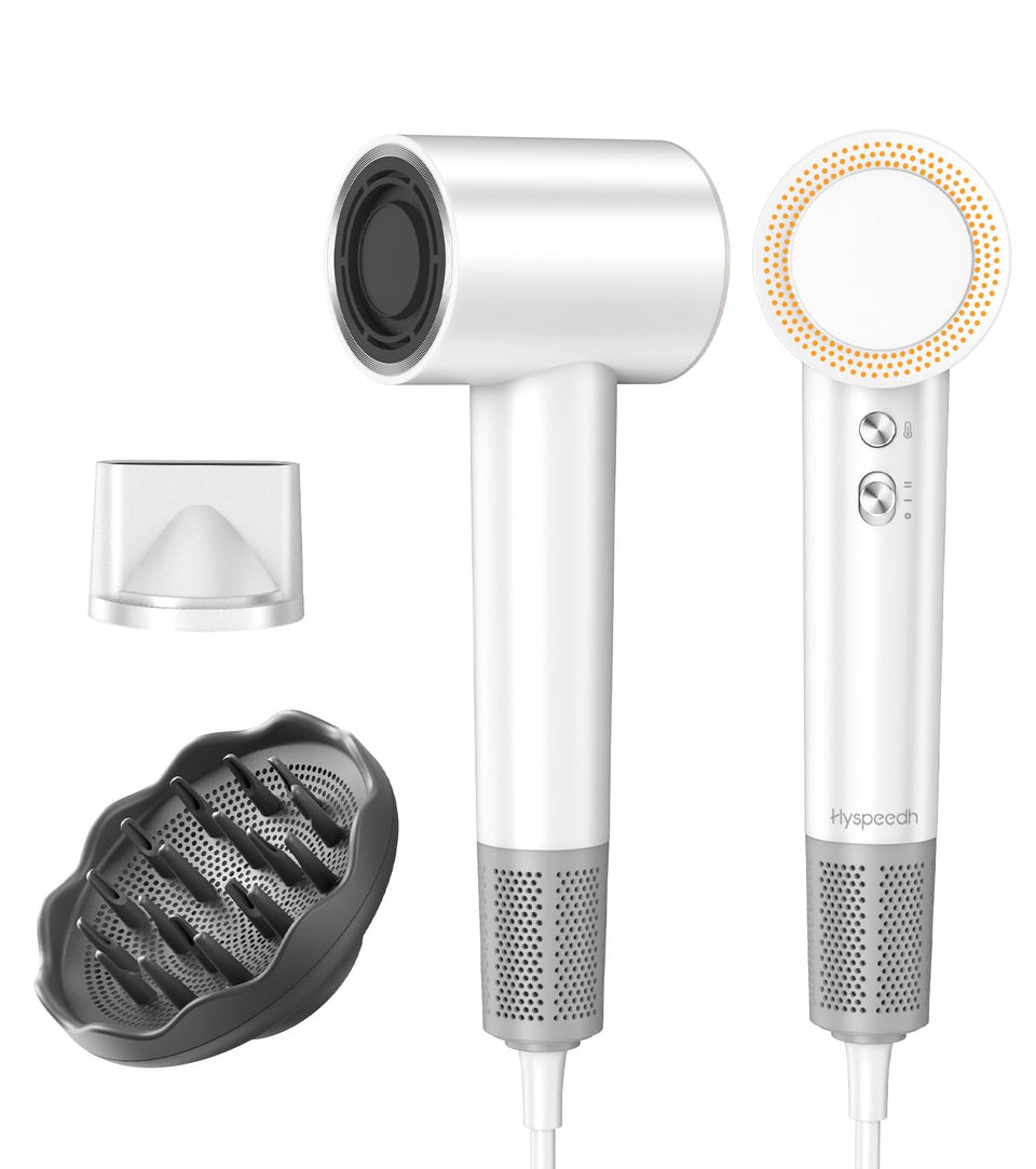 Hyspeedh hair dryer with high-speed motor delivers ultra-fast drying with reduced heat.