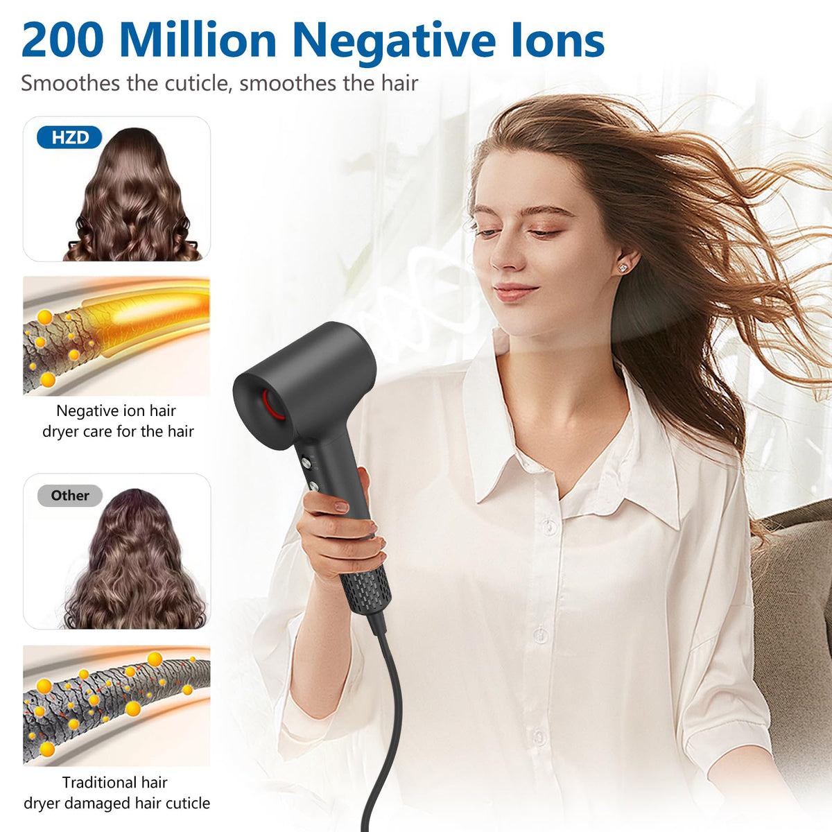 HZD hair dryer LED ring shows temperature modes for precise styling.