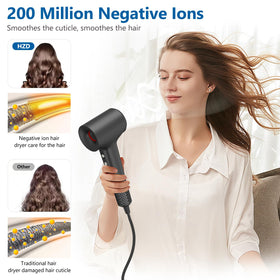 HZD hair dryer LED ring shows temperature modes for precise styling.