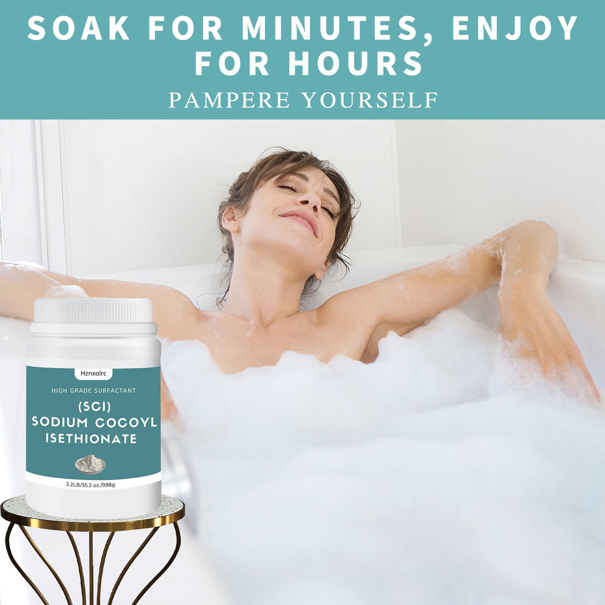 Hznxolrc SCI powder creating rich foam in hard water for bath and shower formulas.